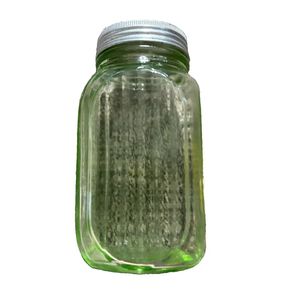 Vtg Hazel Atlas Uranium Vaseline Glass Range Top Shaker Orig Aluminum Lid UV Rx